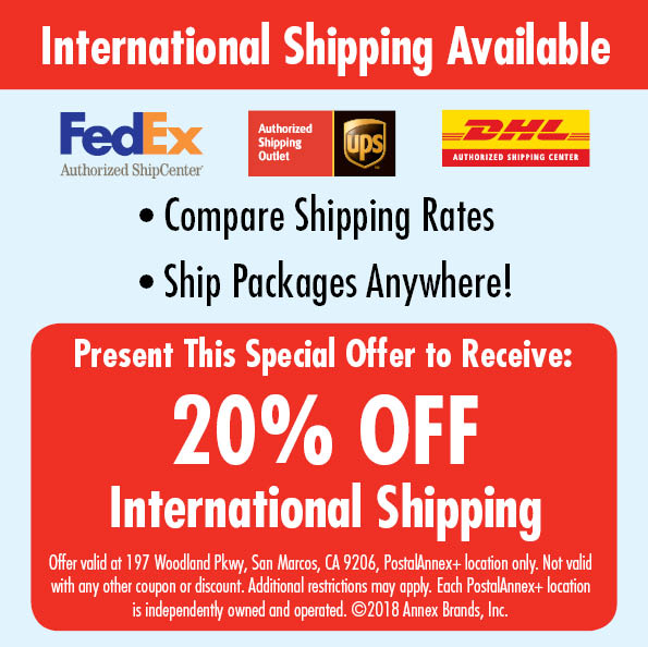 San Marcos CA International Shipping Coupon Discount